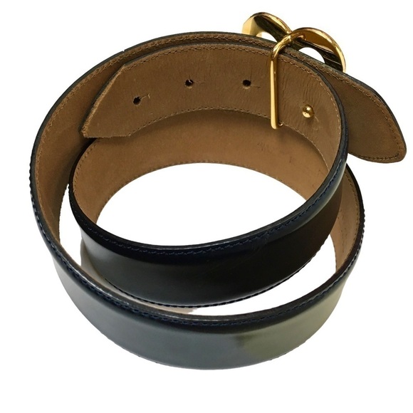 MOSCHINO Vintage Heart Buckle Belt All Genuine Leather Navy Gold Size 40 *FLAW* main image 14